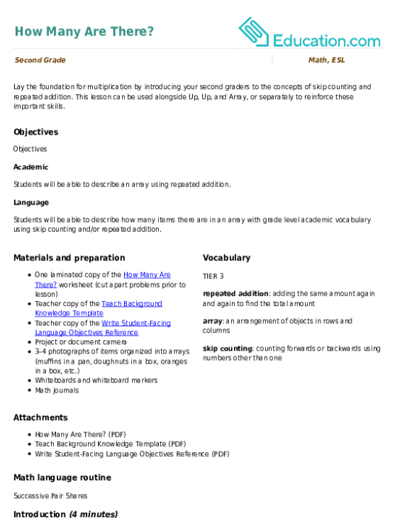 Multiplication and Skip Counting EL Support Resource Lesson Plans ...