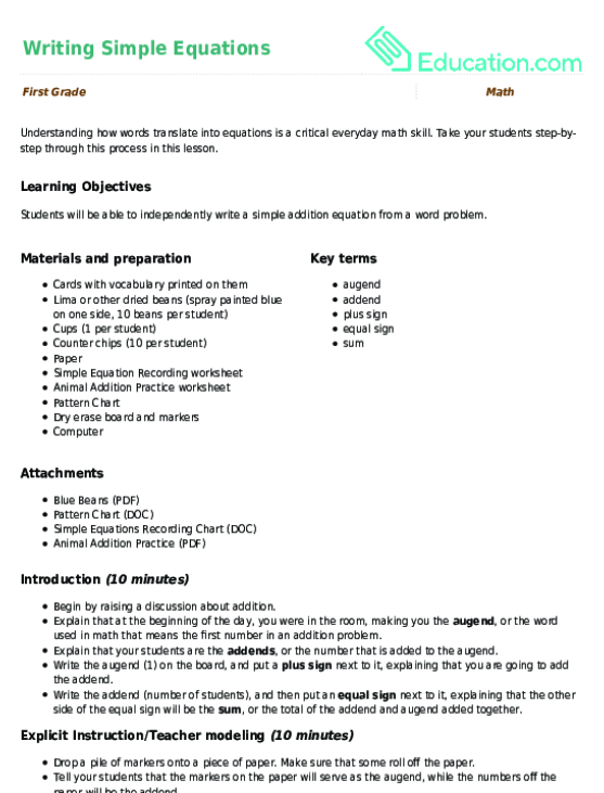 solvingbasicalgebraicequations Lesson Plans